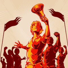 Crowd protest fist revolution poster design. Women leader in front of a crowd holding megaphone. Propaganda Background Style.