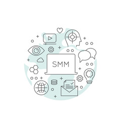 Vector Icon Style Illustration of Social Network Media Marketing Concept. Cloud, sharing, following, target audience, promotion process, Outline Elements with Globe Background