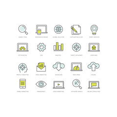 Vector Icon Style Illustration Set of SEO Search Engine Optimisation and Social Network Media Marketing Concept