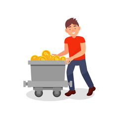 Smiling young man with mining trolley full of bitcoins, cryptocurrency mining technology vector Illustration isolated on a white background