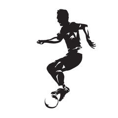 Soccer player with ball, isolated vector slhouette. Fooballer running. Football, team sport