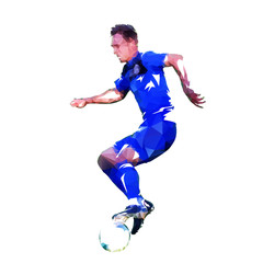Football player in blue jersey running with ball, abstract low poly vector drawing. Soccer player. Isolated geometric colorful illustration, side view