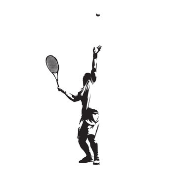 Tennis player serving ball, isolated vector silhouette, ink drawing. Individual summer sport. Active people