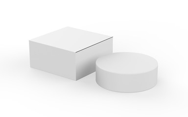 Round soap bar and packaging box, mock up template on isolated white background, 3d illustration