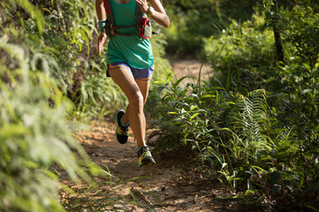 Determined woman trail runner running in morning forest