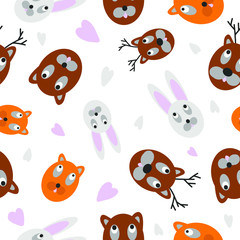 Obraz premium Hand drawn vector illustration colorful seamless pattern cute cartoon muzzle of animal and heart on the white background 