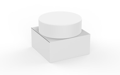 Round soap bar and packaging box, mock up template on isolated white background, 3d illustration