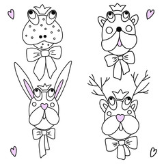 Hand drawn vector cute cartoon illustration muzzle of animals and heart of Scandinavian style for decoration