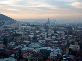 Tbilisi winter cityscape at sunset