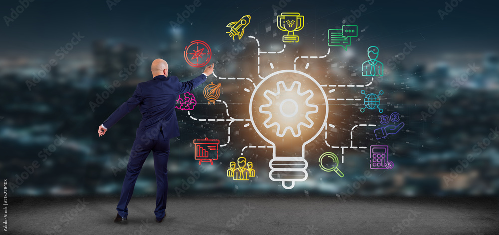 Poster businessman in front of a bulb lamp idea concept with start up icon connected 3d rendering