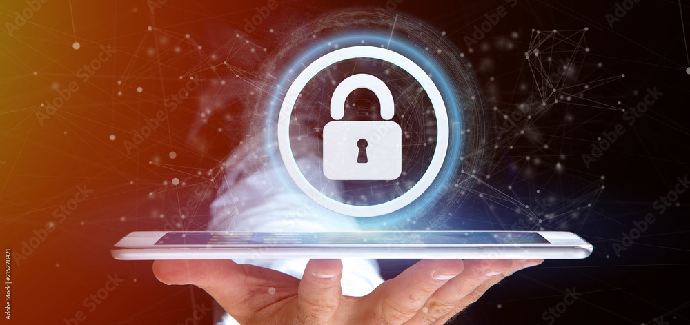 Poster man holding a padlock web security concept 3d rendering