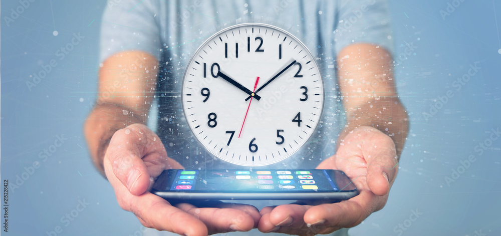 Poster man holding a clock timer 3d rendering
