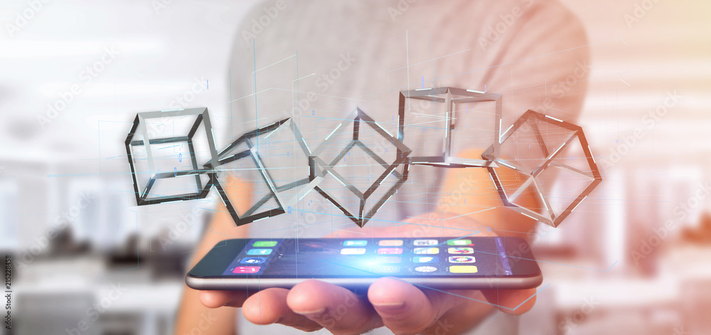 Poster man holding a 3d rendering blockchain cube isolated on a background