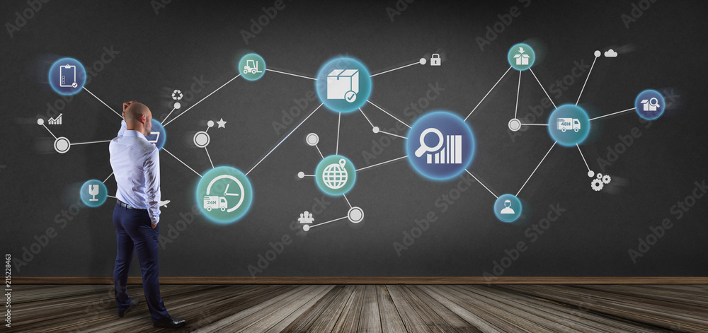 Poster businessman in front of a customer and assistance hotline service 3d renderingogistic organisation w