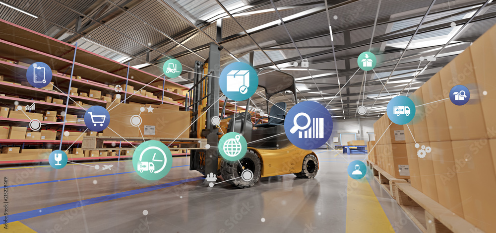Poster logistic organisation on a warehouse background 3d rendering