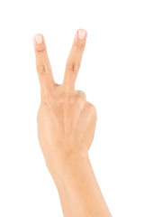 Hand showing victory sign isolated on white background