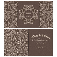Fototapeta premium Wedding invitation cards Eastern style brown and beige. Arabic Pattern. Mandala ornament. Frame with flowers elements. Vector illustration.