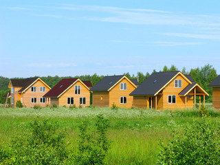 Fototapeta na wymiar Eco construction in the countryside. New wooden houses on green field in a row. In the background next to the cottages is a forest.