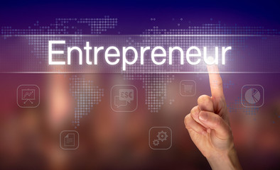 Obraz premium A hand selecting a Entrepreneur business concept on a clear screen with a colorful blurred background.