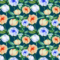 Fototapeta na wymiar pattern,watercolor, handmade, peony, leaves, flowers, buds, black background, climbing plants, orange, blue and green color