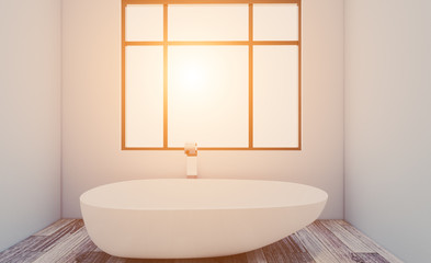 Clean and fresh bathroom with natural light. 3D rendering.. Sunset.