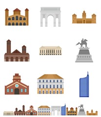 Obraz premium Milan Italy city skyline icons set. Flat illustration of 9 Milan Italy city skyline vector icons isolated on white