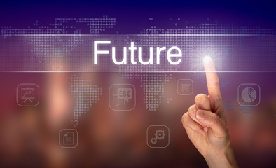 A hand selecting a Future business concept on a clear screen with a colorful blurred background.
