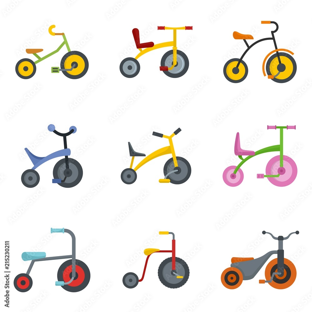 Poster tricycle bicycle bike wheel icons set. flat illustration of 9 tricycle bicycle bike wheel vector ico