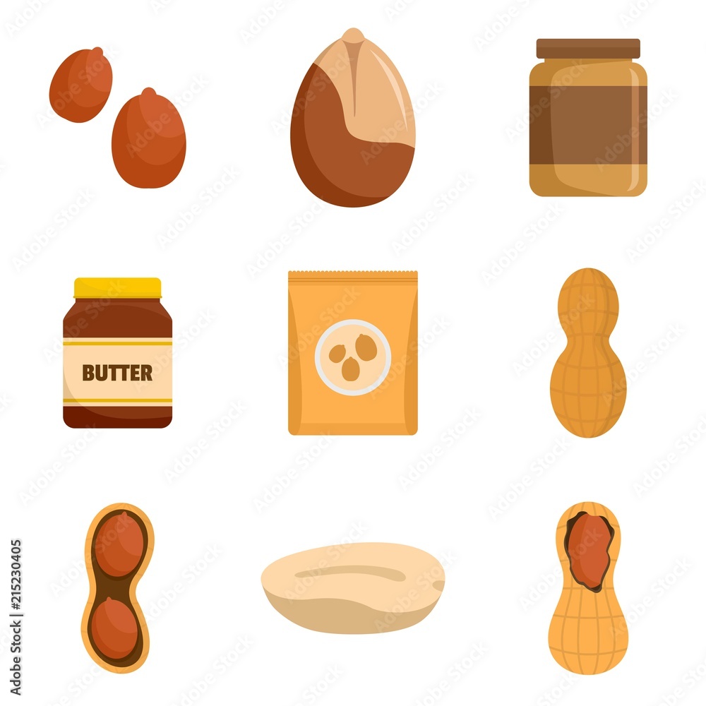 Poster peanut nuts butter jar icons set. flat illustration of 9 peanut nuts butter jar vector icons isolate