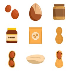 Peanut nuts butter jar icons set. Flat illustration of 9 peanut nuts butter jar vector icons isolated on white