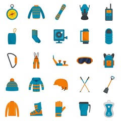 Snowboarding equipment ski winter snow icons set. Flat illustration of 25 snowboarding equipment ski winter snow vector icons isolated on white