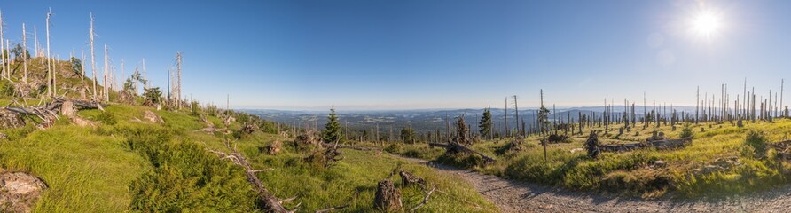 Obraz premium Panoramaaufnahme 180 Grad auf dem Berg großer Rachel im Bayerischen Wald, Deutschland