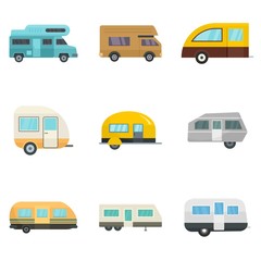 Motorhome car trailer camp house icons set. Flat illustration of 9 motorhome car trailer camp house vector icons isolated on white
