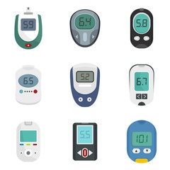 Glucose meter sugar blood test device icons set. Flat illustration of 9 glucose meter sugar blood test device vector icons isolated on white