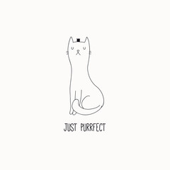 Hand drawn black and white vector illustration of a cute funny cat in a crown, sitting, with quote Just purrfect. Isolated objects. Line drawing. Design concept for poster, t-shirt print.