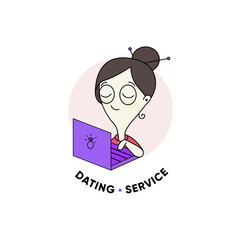 Adult woman searching love at the web site in dating service. Vector illustration of girl with notebook. Emblem for banners, posters, cards