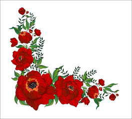illustration with decorative floral ornament of scarlet flowers on isolated white background