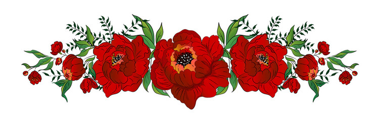 illustration with decorative floral ornament of scarlet flowers on isolated white background - 215233492