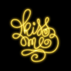 Kiss me shiny hand lettering with sparkles on black background. Vector Illustration