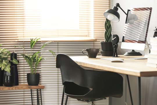 Real photo with close-up of home office corner in living room interior with fresh plants and window with blinds