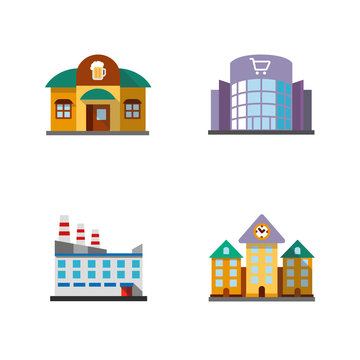 City buildings flat design long shadow color icons set