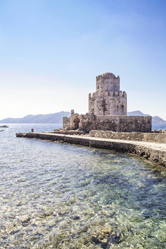 Greece, Peloponnese, Messenia, Methoni, Fortress, Tower Burtzi and Sapientza Island in the background