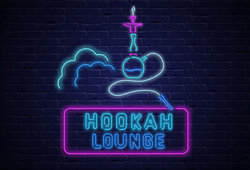 Black hookah lounge background with colorful neon decoration.