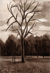 landscape watercolor sepia tree