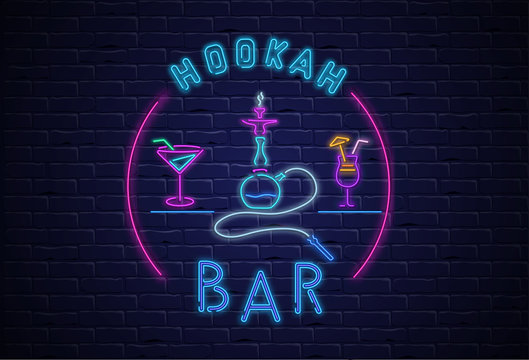 Black hookah lounge background with colorful neon decoration.
