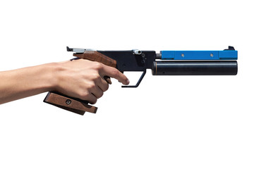 A man is shooting from a sports laser gun.