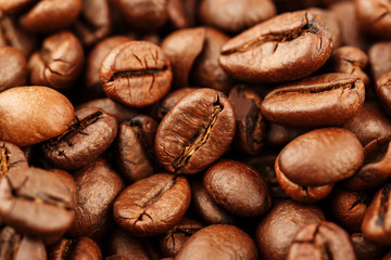 Closeup of coffee beans with selective focus for background