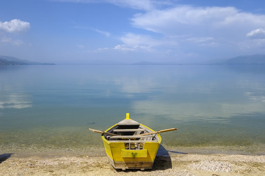 Albania, Korca, Lake Ohrid, rowing boat at lakeshore