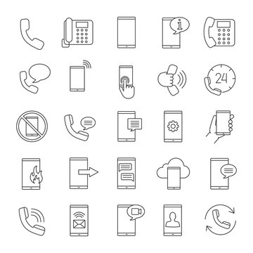 Phone communication linear icons set