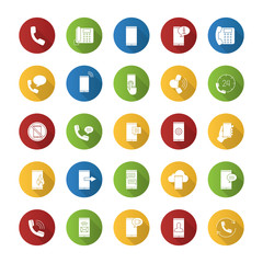 Phone communication flat design long shadow glyph icons set